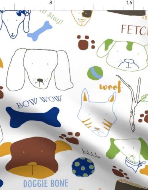 Good Doggie Hand-Drawn Cartoon Dog Print on White Fabric