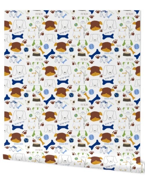 Good Doggie Hand-Drawn Cartoon Dog Print on White Wallpaper