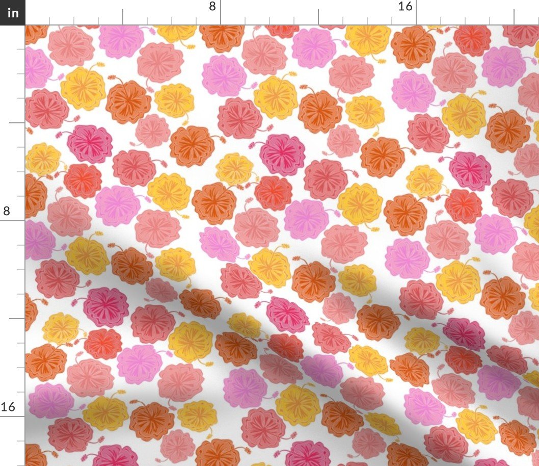 Hibiscus Hawaiian Flowers in Pinks and Corals on White Fabric Hibiscus Hawaiian Flowers in Pinks and Corals on White Fabric