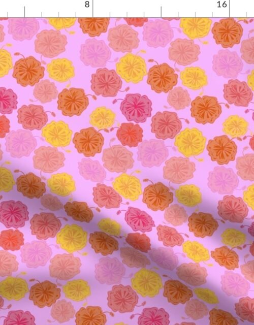 Hibiscus Hawaiian Flowers in Pinks and Corals on Lilac Fabric