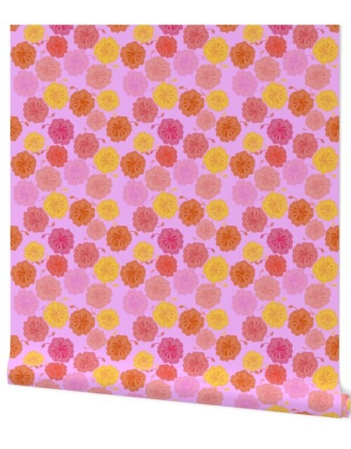 Hibiscus Hawaiian Flowers in Pinks and Corals on Lilac Wallpaper