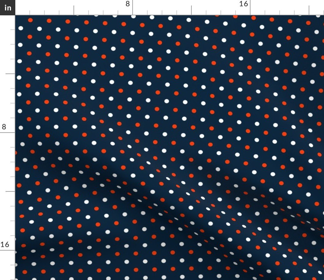 White and Orange Polka Dots on Navy Fabric White and Orange Polka Dots on Navy Fabric