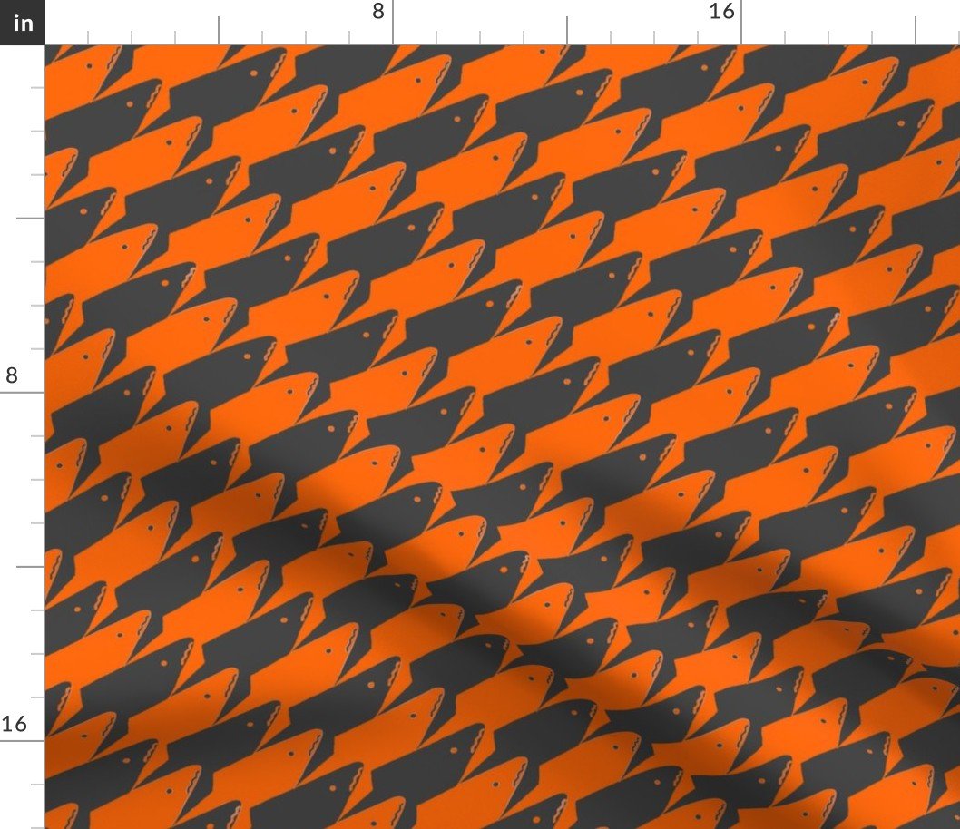 Sharkstooth Sharks Pattern Repeat in Grey and Neon Orange Fabric Sharkstooth Sharks Pattern Repeat in Grey and Neon Orange Fabric