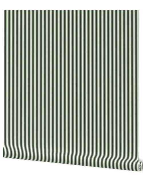 Forest Green and White 1/8-inch Thin Pencil Vertical Stripes Wallpaper