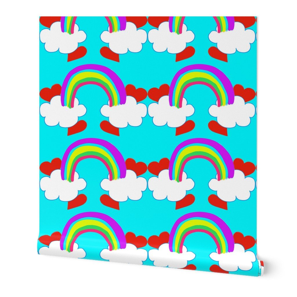 Pastel Rainbow Bridge On Aqua with Red Love Hearts and White Clouds Wallpaper Pastel Rainbow Bridge On Aqua with Red Love Hearts and White Clouds Wallpaper