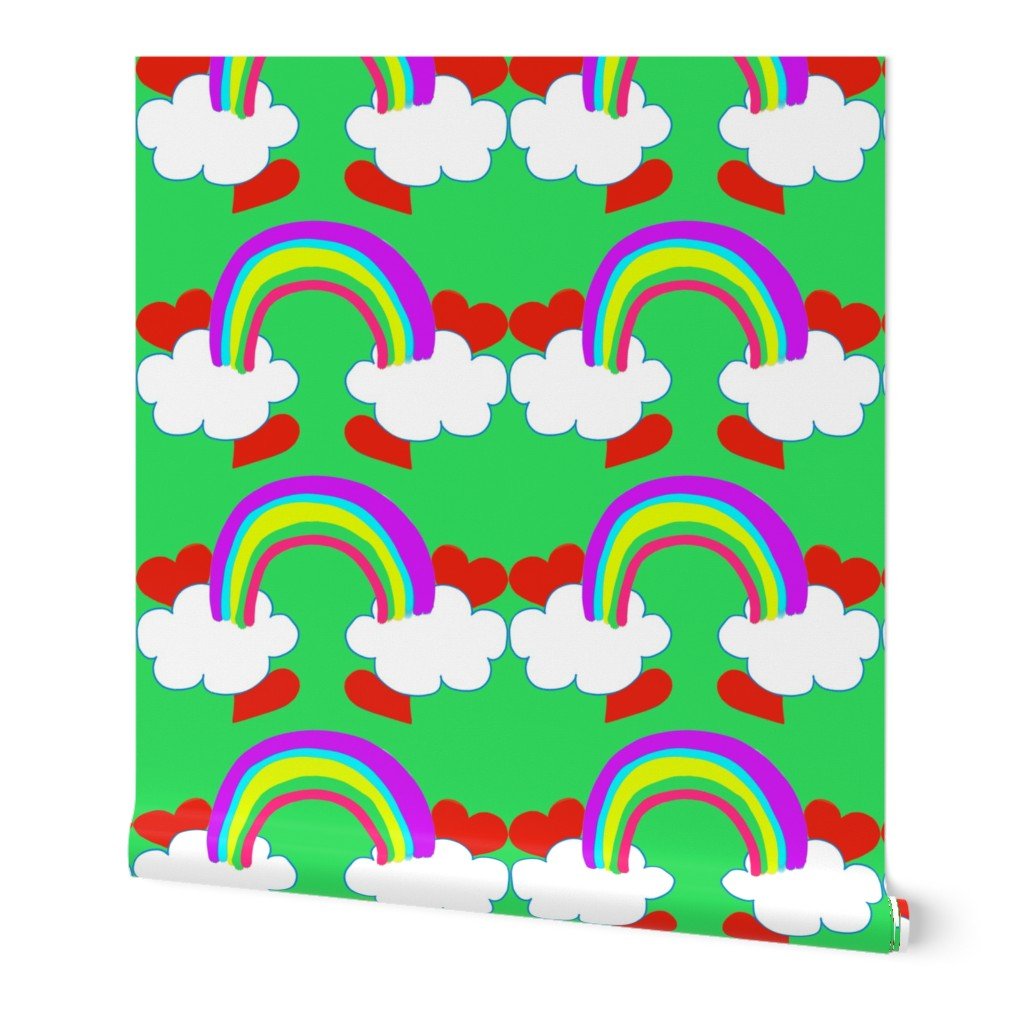 Pastel Rainbow Bridge On Mint with Red Love Hearts and White Clouds Wallpaper Pastel Rainbow Bridge On Mint with Red Love Hearts and White Clouds Wallpaper