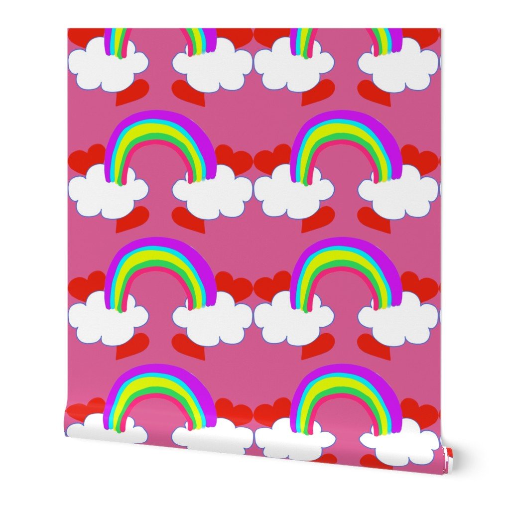 Pastel Rainbow Bridge On Pink with Red Love Hearts and White Clouds Wallpaper Pastel Rainbow Bridge On Pink with Red Love Hearts and White Clouds Wallpaper