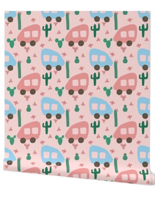 Camper Vans in Blue and Pink with Green Cactus and Pink Flowers Wallpaper