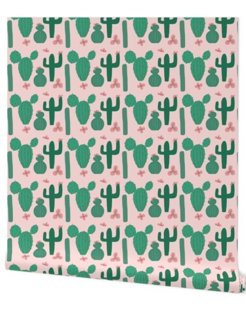 Green Cactus Shapes with Pink Cactus Flowers Wallpaper
