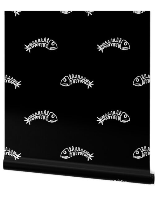 White Edged Fishbones Skeletons on Black Wallpaper