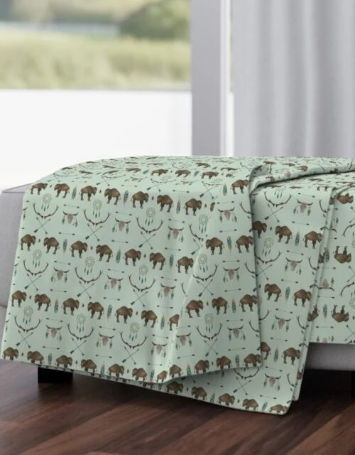 Mini Sage Prairie Buffalo Watercolor Western Pattern Throw Blanket