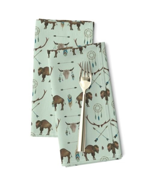Mini Sage Prairie Buffalo Watercolor Western Pattern Dinner Napkins