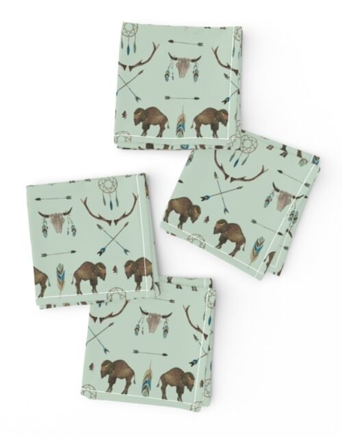Mini Sage Prairie Buffalo Watercolor Western Pattern Cocktail Napkins