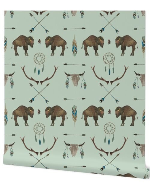 Mini Sage Prairie Buffalo Watercolor Western Pattern Wallpaper