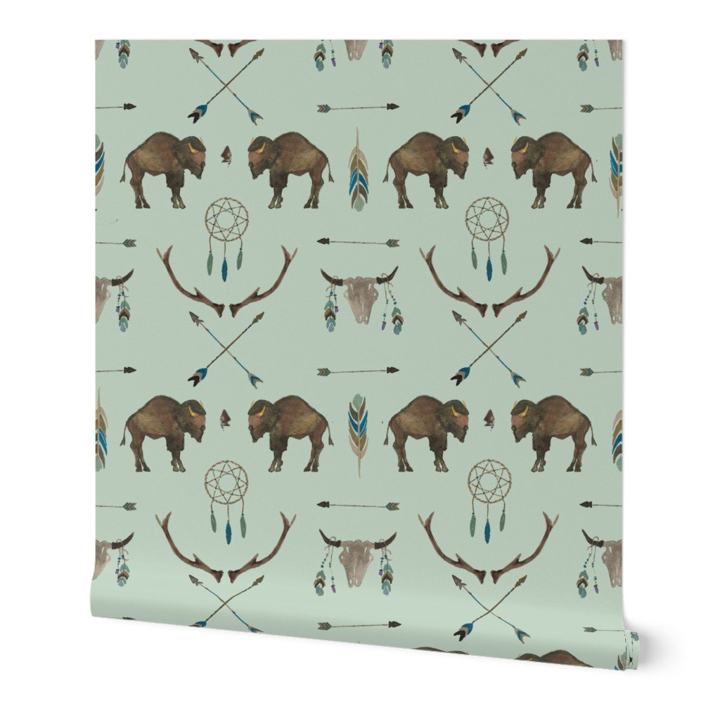 Mini Sage Prairie Buffalo Watercolor Western Pattern Wallpaper Mini Sage Prairie Buffalo Watercolor Western Pattern Wallpaper