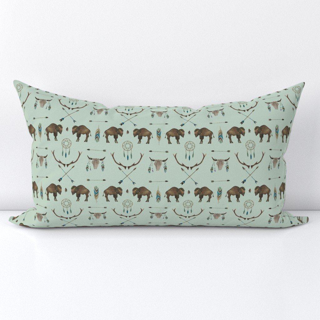 Mini Sage Prairie Buffalo Watercolor Western Pattern Lumbar Throw Pillow Mini Sage Prairie Buffalo Watercolor Western Pattern Lumbar Throw Pillow