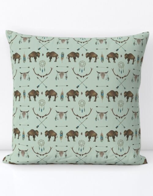 Mini Sage Prairie Buffalo Watercolor Western Pattern Square Throw Pillow