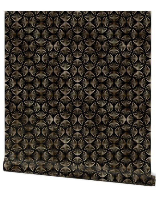 Small Vintage Foil Palm Fans in Black and Gold Art Deco Neo Classical Pattern Wallpaper
