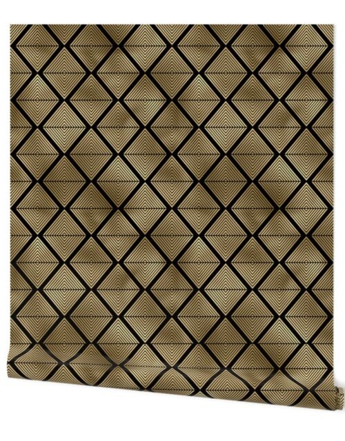 Lined Diamonds in Black and Gold Vintage Faux Foil Art Deco Vintage Foil Pattern Wallpaper