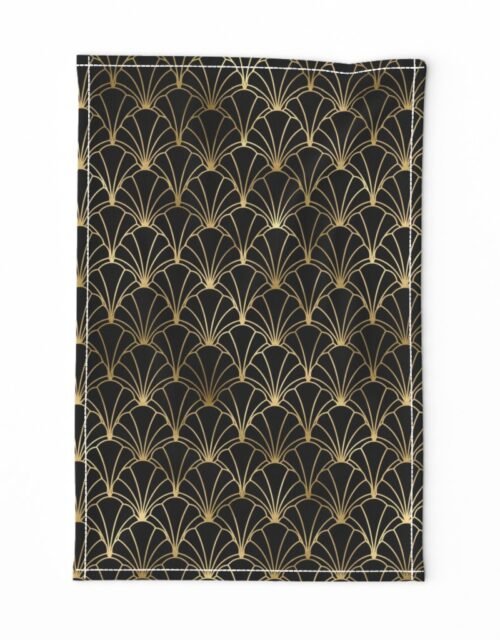 Scallop Shells in Black and Gold Art Deco Vintage Foil Pattern Tea Towel