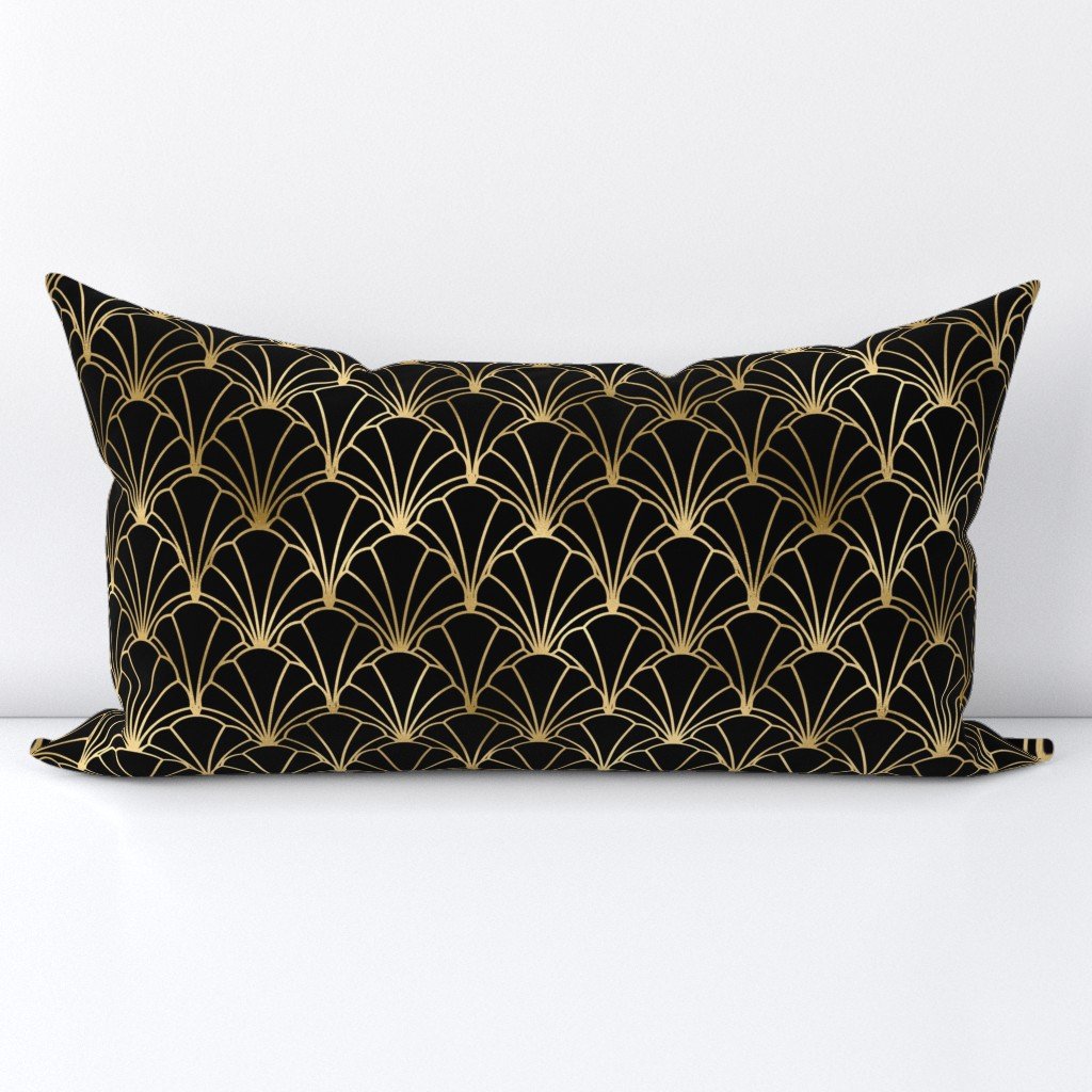 Scallop Shells in Black and Gold Art Deco Vintage Foil Pattern Lumbar Throw Pillow Scallop Shells in Black and Gold Art Deco Vintage Foil Pattern Lumbar Throw Pillow