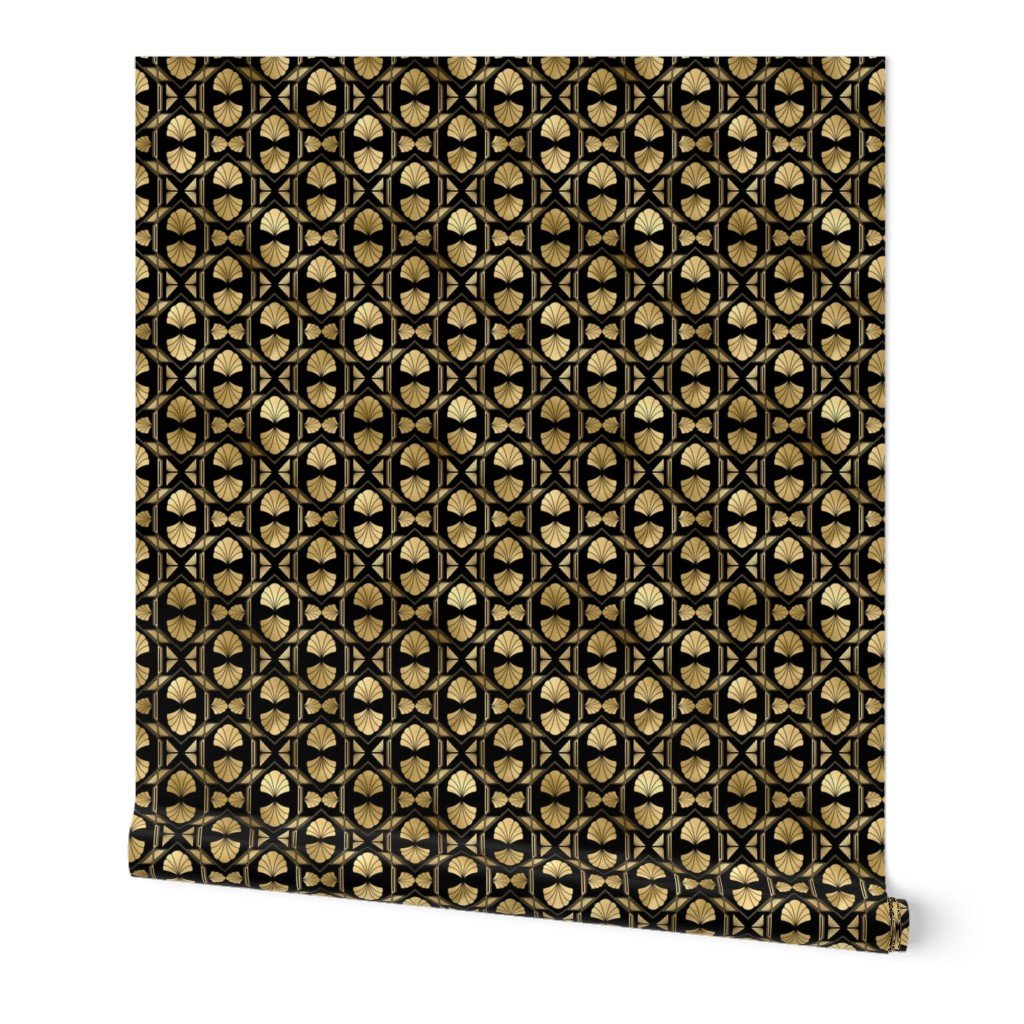 Small Scallop Shells in Black and Gold Art Deco Vintage Foil Pattern Wallpaper Small Scallop Shells in Black and Gold Art Deco Vintage Foil Pattern Wallpaper