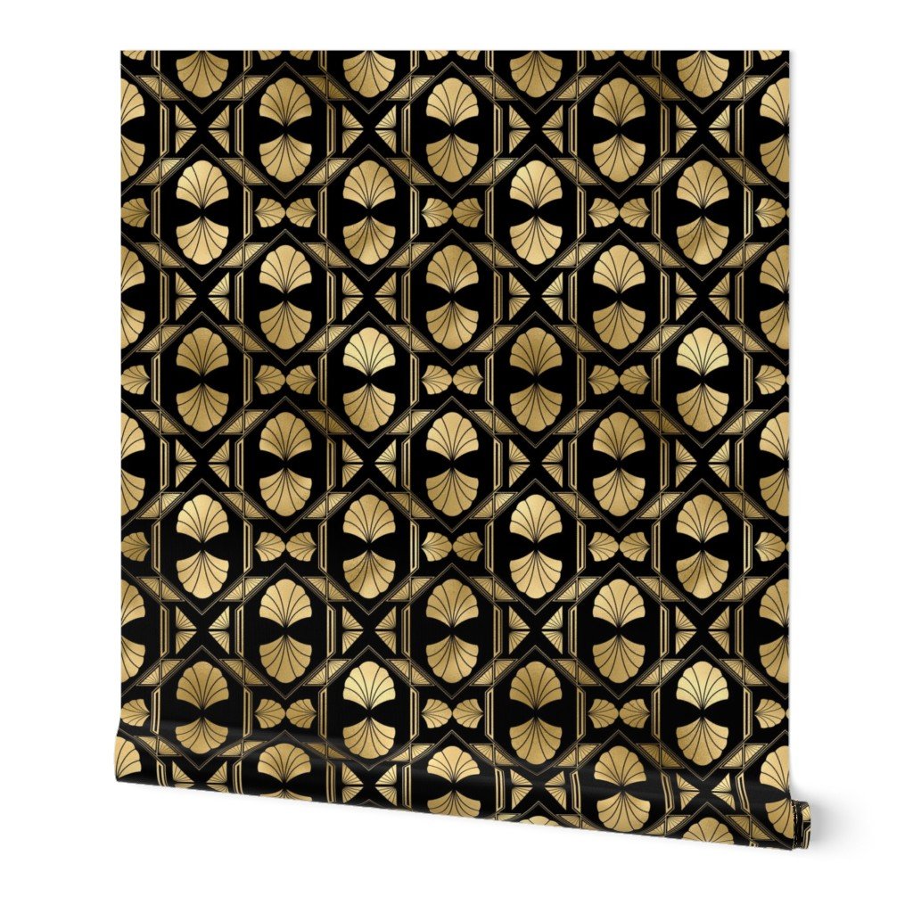 Scallop Shells in Black and Gold Art Deco Vintage Foil Pattern Wallpaper Scallop Shells in Black and Gold Art Deco Vintage Foil Pattern Wallpaper