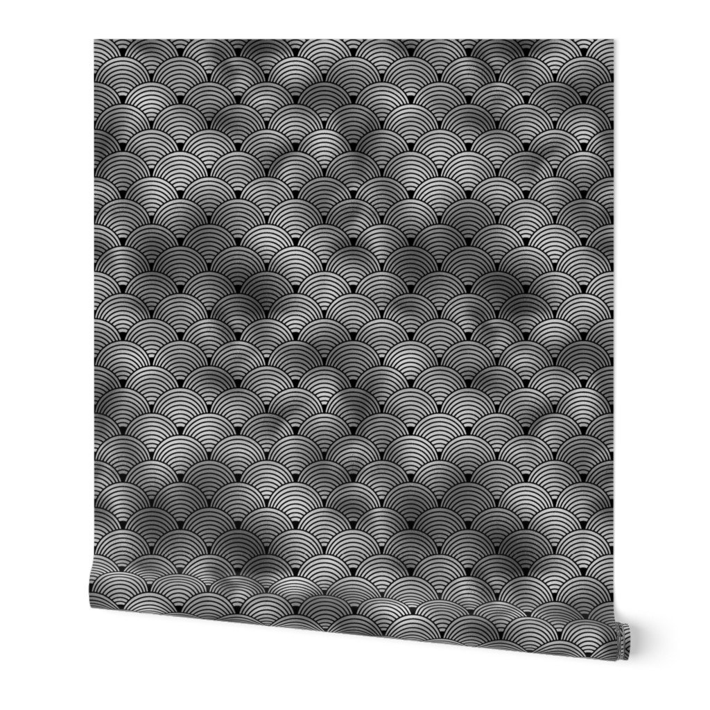 Ringed Scales in Black and Silver Vintage Faux Foil Art Deco Vintage Foil Pattern Wallpaper Ringed Scales in Black and Silver Vintage Faux Foil Art Deco Vintage Foil Pattern Wallpaper