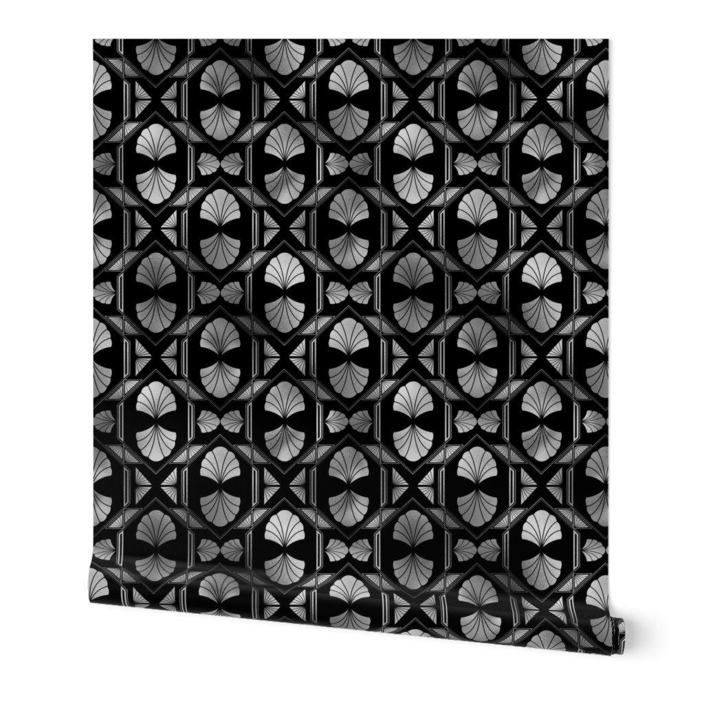 Scallop Shells in Black and Faux Silver Foil Art Deco Vintage Foil Pattern Wallpaper Scallop Shells in Black and Faux Silver Foil Art Deco Vintage Foil Pattern Wallpaper