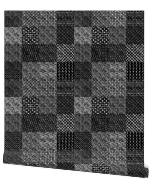 Faux Silver Foil  and Black Vintage Art Deco Quilt Pattern Wallpaper