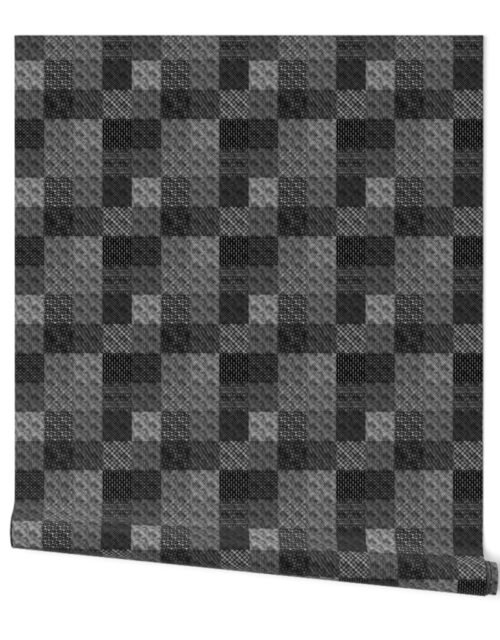 Small Faux Silver Foil and Black Vintage Art Deco Quilt Pattern Wallpaper