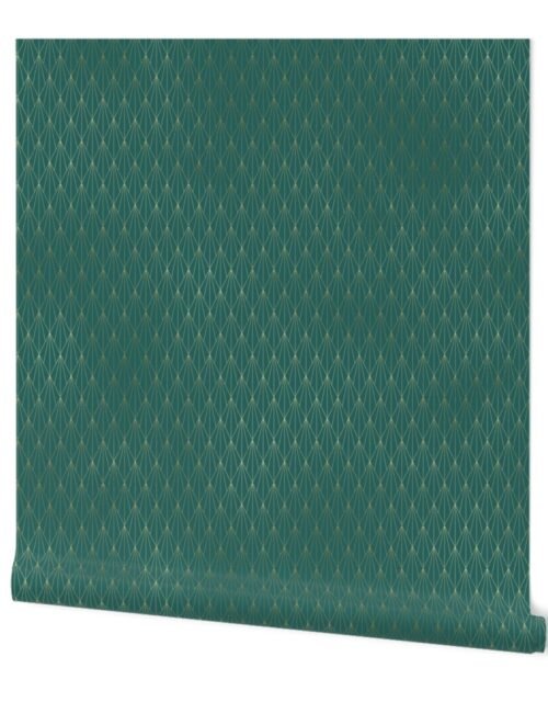 Teal and Faux Gold Foil Vintage Art Deco Fan Pattern Wallpaper