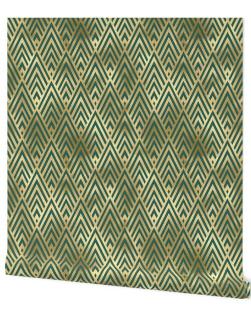 Teal and Faux Gold Foil Vintage Art Deco Chevron Pattern Wallpaper