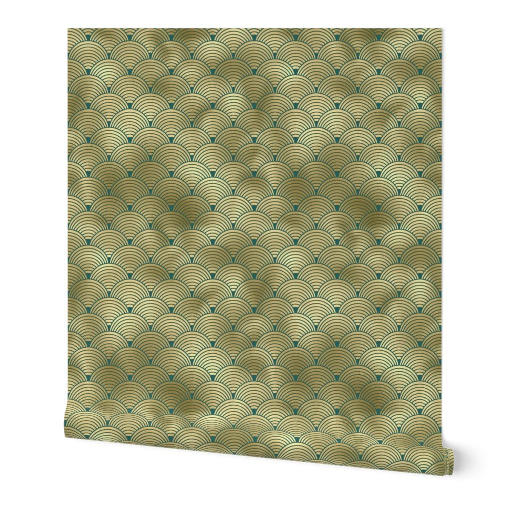 Teal and Faux Gold Foil Vintage Art Deco Scales Pattern Wallpaper Teal and Faux Gold Foil Vintage Art Deco Scales Pattern Wallpaper