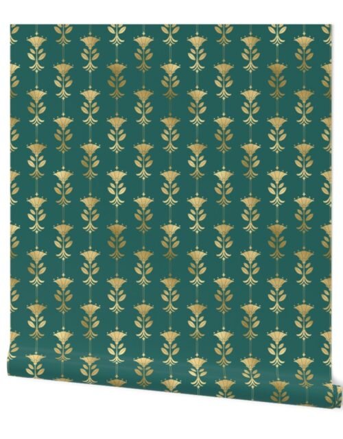 Teal and Faux Gold Foil Vintage Art Deco Damask Pattern Wallpaper