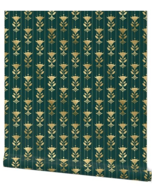 Teal and Faux Gold Foil Mini Vintage Art Deco Damask Pattern Wallpaper