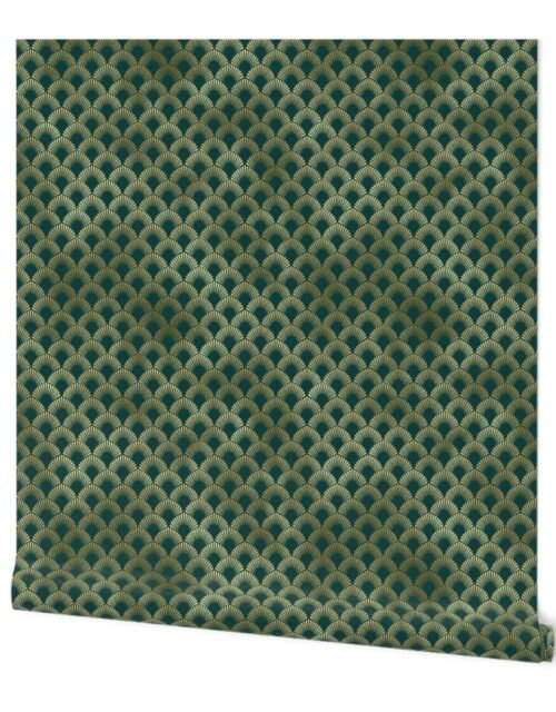 Teal and Faux Gold Foil  Vintage Art Deco Ringed Scales Pattern Wallpaper