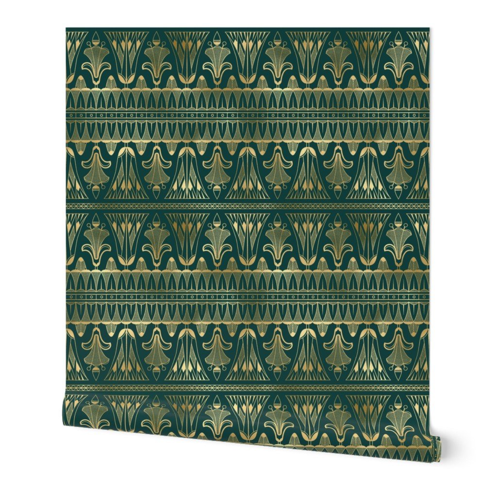 Teal and Faux Gold Vintage Foil Art Deco Egg and Dart Frieze Pattern Wallpaper Teal and Faux Gold Vintage Foil Art Deco Egg and Dart Frieze Pattern Wallpaper