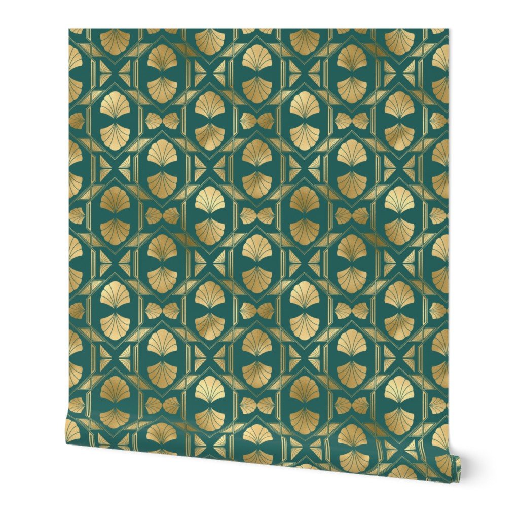 Teal and Faux Gold Vintage Foil Art Deco Scallop Shell Pattern Wallpaper Teal and Faux Gold Vintage Foil Art Deco Scallop Shell Pattern Wallpaper