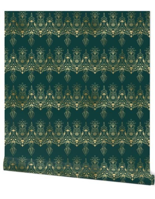 Teal and Faux Gold Foil Vintage Art Deco Damask Border Pattern Wallpaper