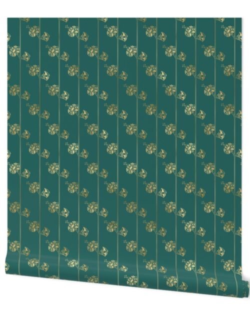Teal and Faux Gold Vintage Foil Art Deco Floral Pattern Wallpaper