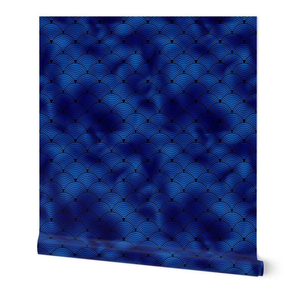 Ringed Scales in Black and Classic Blue Vintage Faux Foil Art Deco Vintage Foil Pattern Wallpaper Ringed Scales in Black and Classic Blue Vintage Faux Foil Art Deco Vintage Foil Pattern Wallpaper