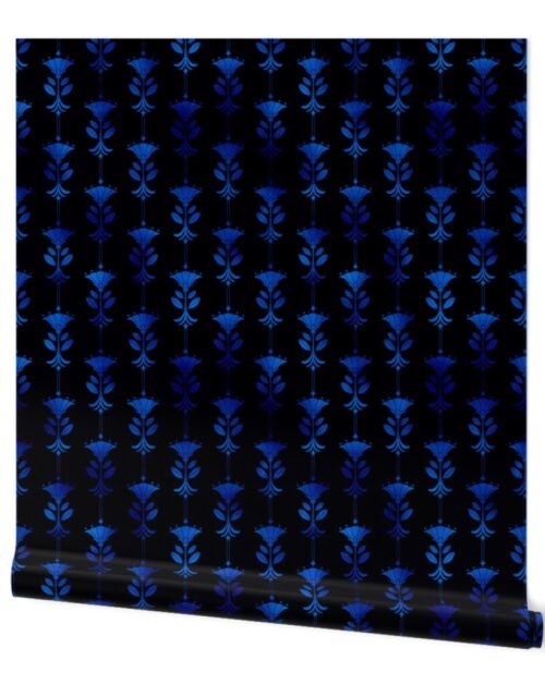 Damask Motifs in Black and Classic Blue Vintage Faux Foil Art Deco Vintage Foil Pattern Wallpaper