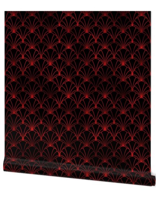 Scallop Shells in Black and Ruby Red Art Deco Vintage Faux Foil Pattern Wallpaper