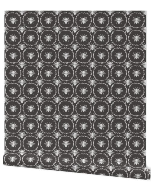 Bees Wreathed in White on Charcoal Grey Wallpaper