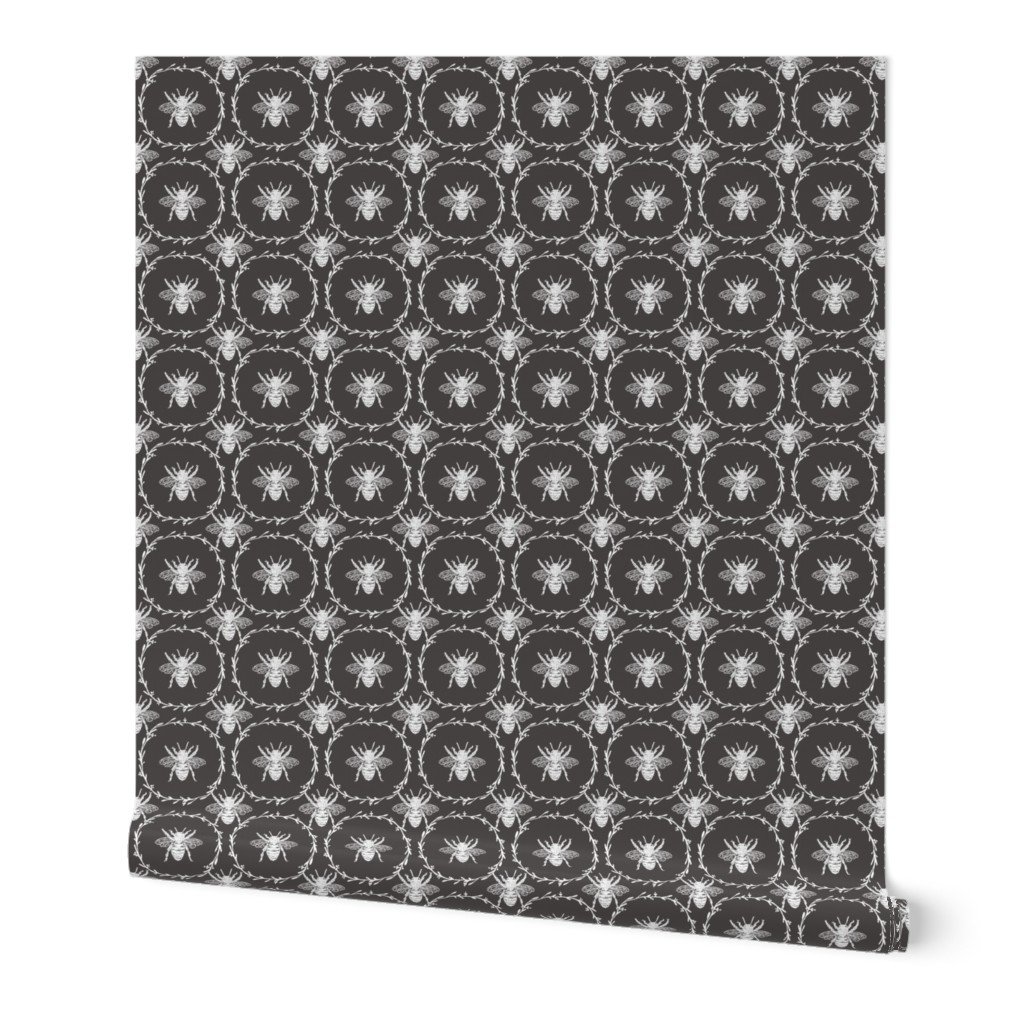 Bees Wreathed in White on Charcoal Grey Wallpaper Bees Wreathed in White on Charcoal Grey Wallpaper