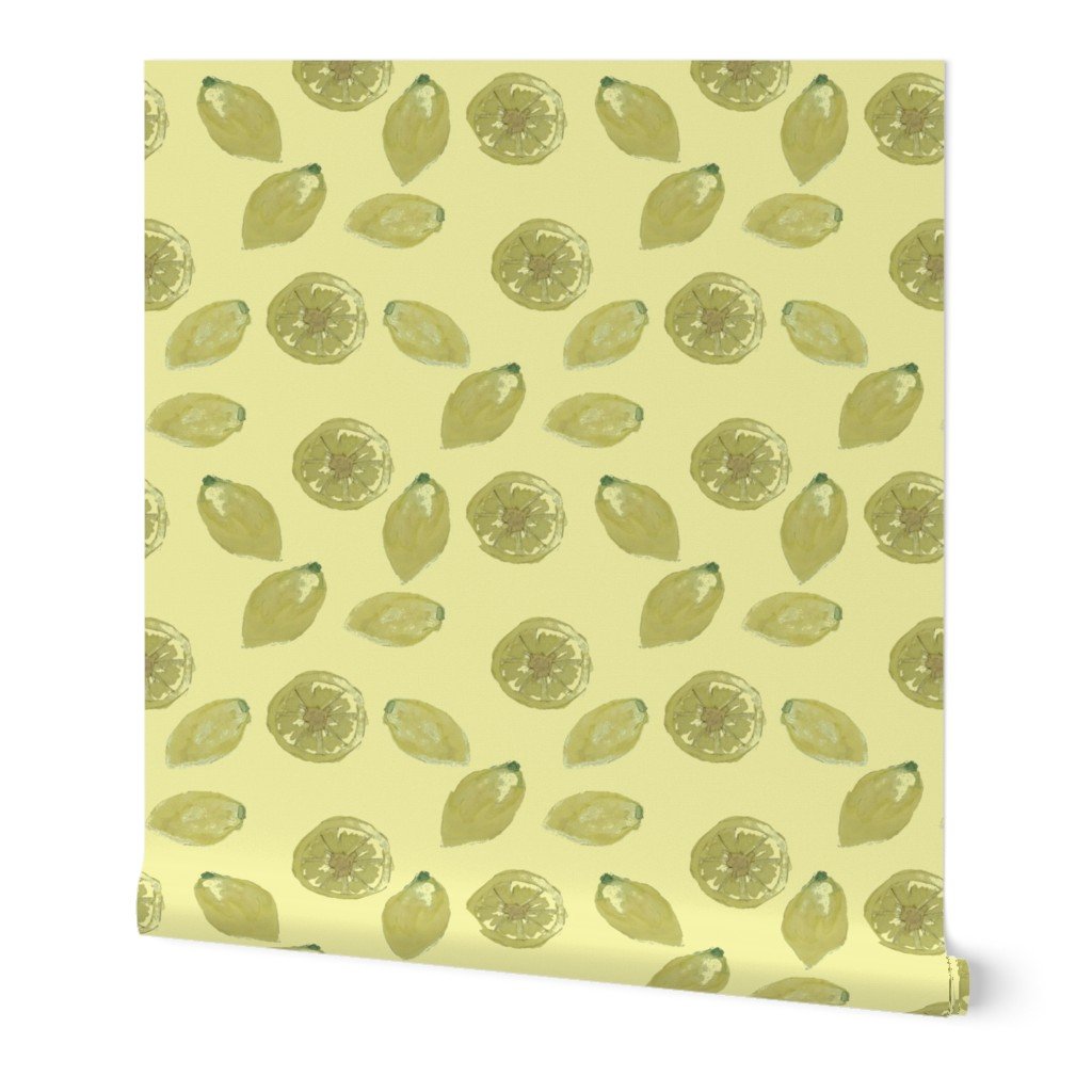 Yellow Lemon Fruits Sliced and Whole Lemons on Yellow Hand-Painted Watercolor Wallpaper Yellow Lemon Fruits Sliced and Whole Lemons on Yellow Hand-Painted Watercolor Wallpaper