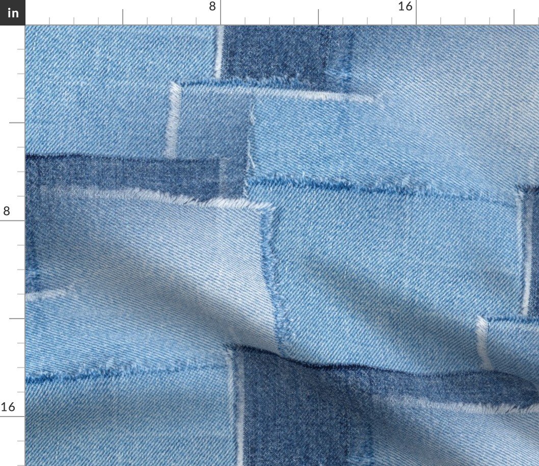 Abstract Patchwork Pattern of Frayed and Fringed Patches of Blue Denim Cloth Fabric Abstract Patchwork Pattern of Frayed and Fringed Patches of Blue Denim Cloth Fabric
