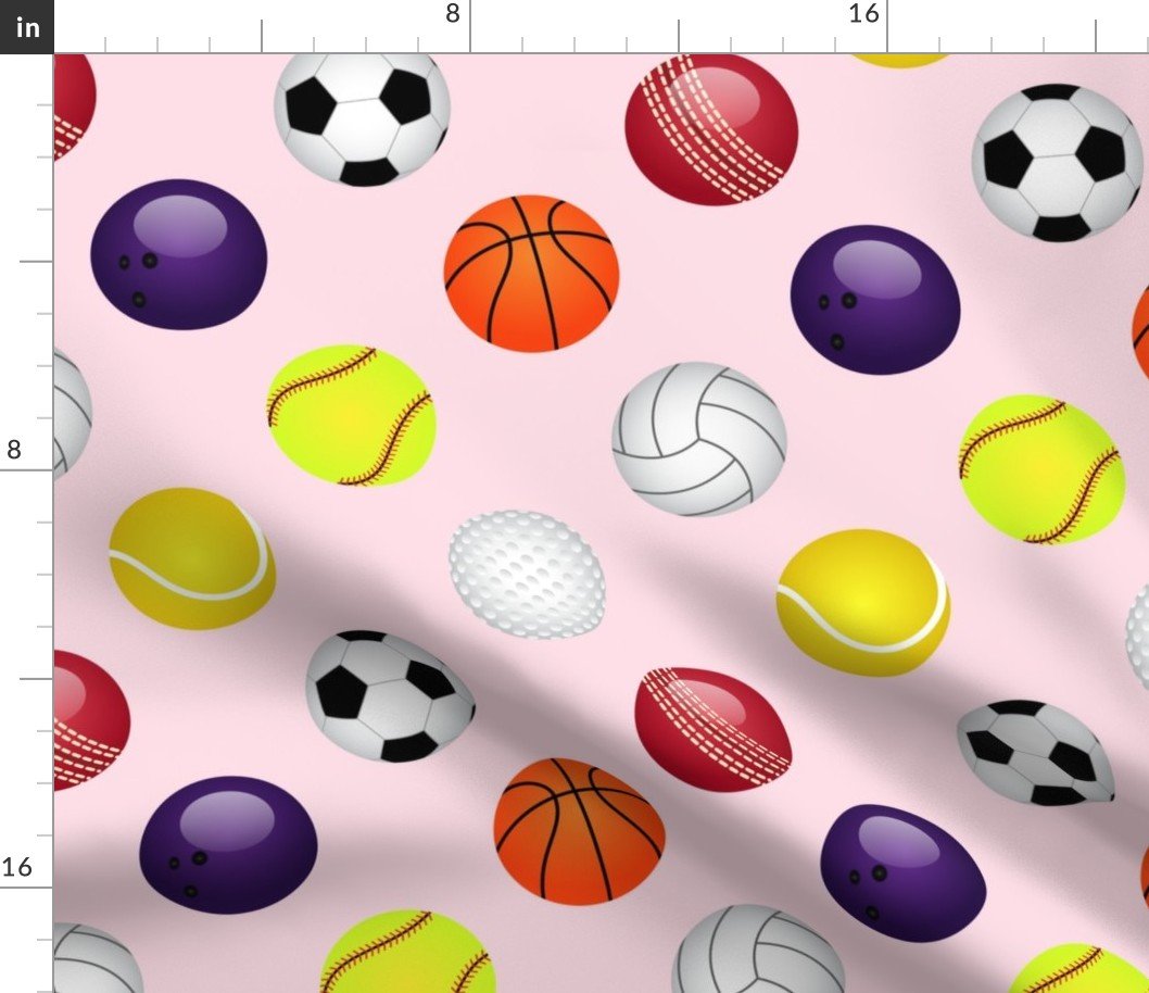 All Sports Balls Soccer, Tennis, Basket, Base, Cricket, Volley, Golf, Soft and Pool Balls on Powder Pink Fabric