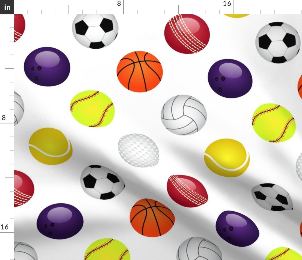 All Sports Balls Soccer, Tennis, Basket, Base, Cricket, Volley, Golf, Soft and Pool Balls on White Fabric